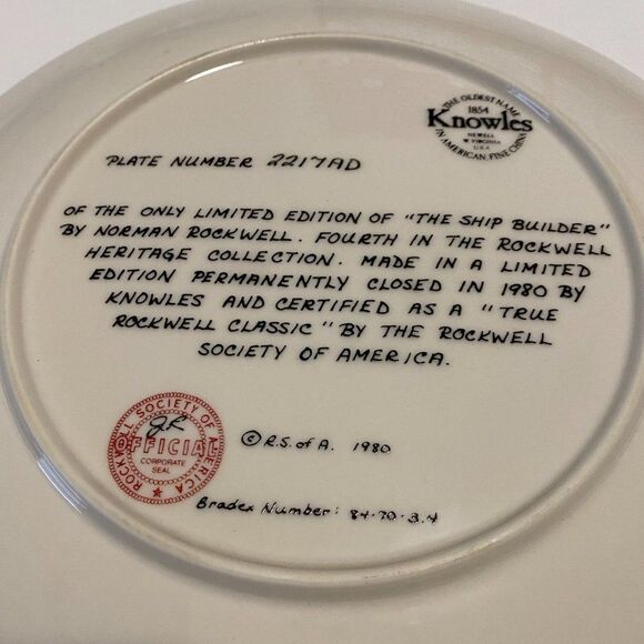 Norman Rockwell "The Ship Builder" Collector Plate Knowles 1980 Vtg - Picture 4 of 4